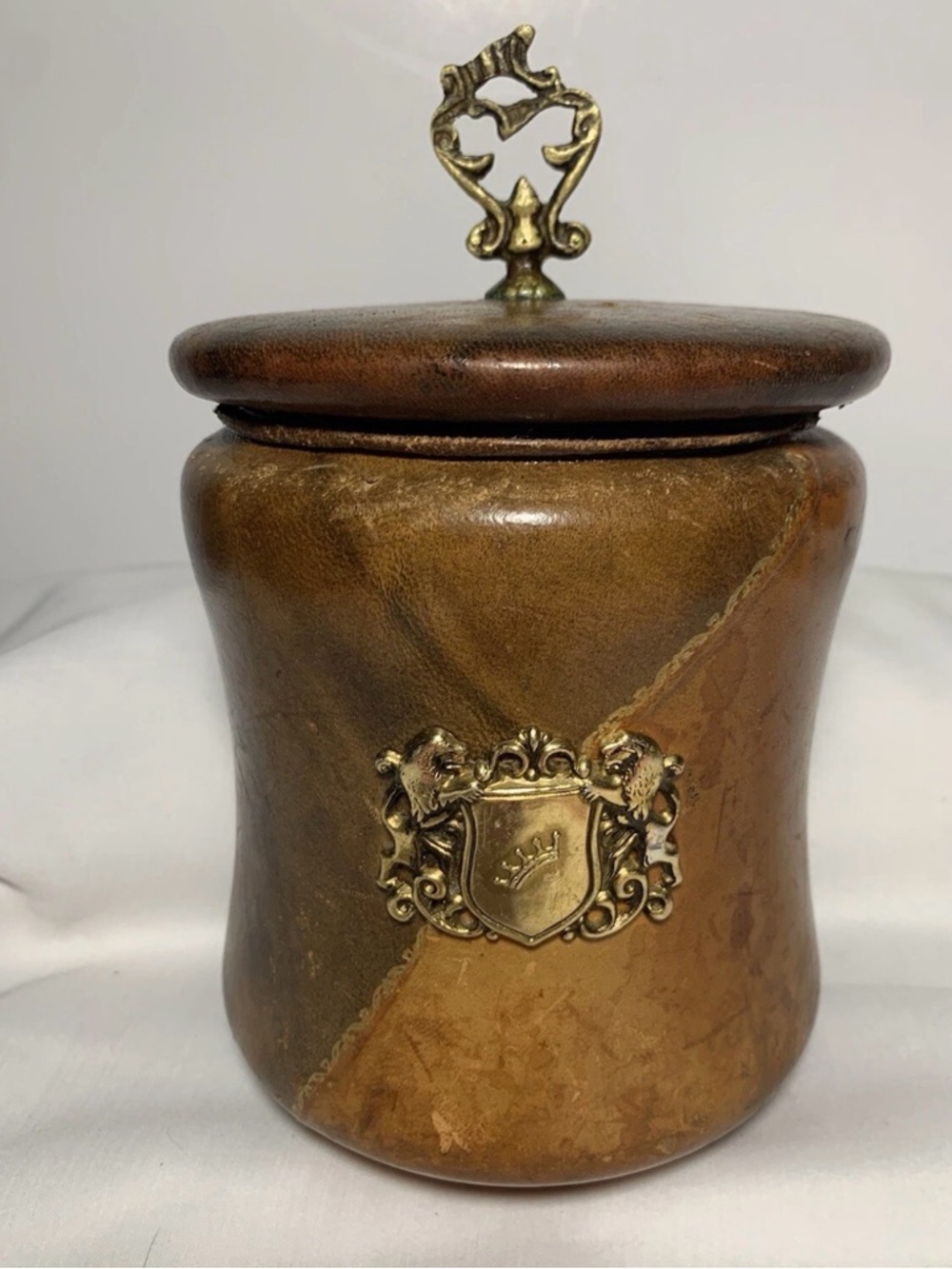 Vintage Italian Leather Wrapped Green Glass Tobacco Humidor Jar w/ Lid